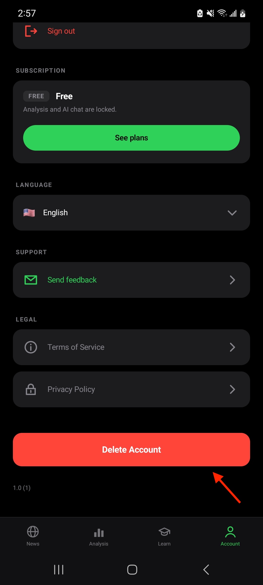 Account screen showing the Delete Account option